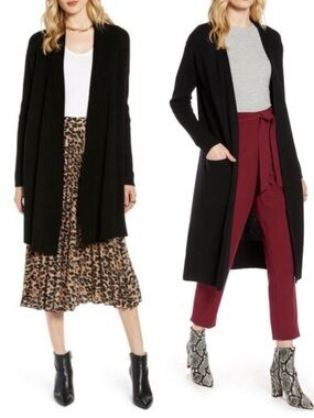 Halogen Nordstrom Black Long Sleeve Open Front Duster Cardigan Cashmere Blend